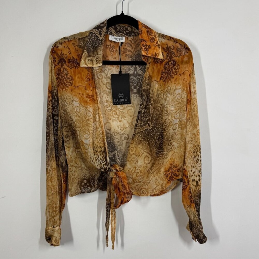 Carrou Collection Boho Tie Front Blouse Size 3 Brown Orange Sheer Resort Wear - Picture 3 of 14